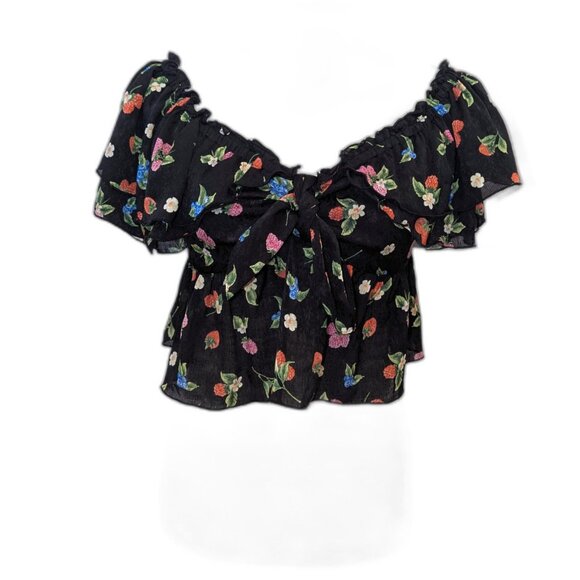 Zara | Black Floral & Berry Print Ruffle Crop Top | Size Small - Picture 4 of 15